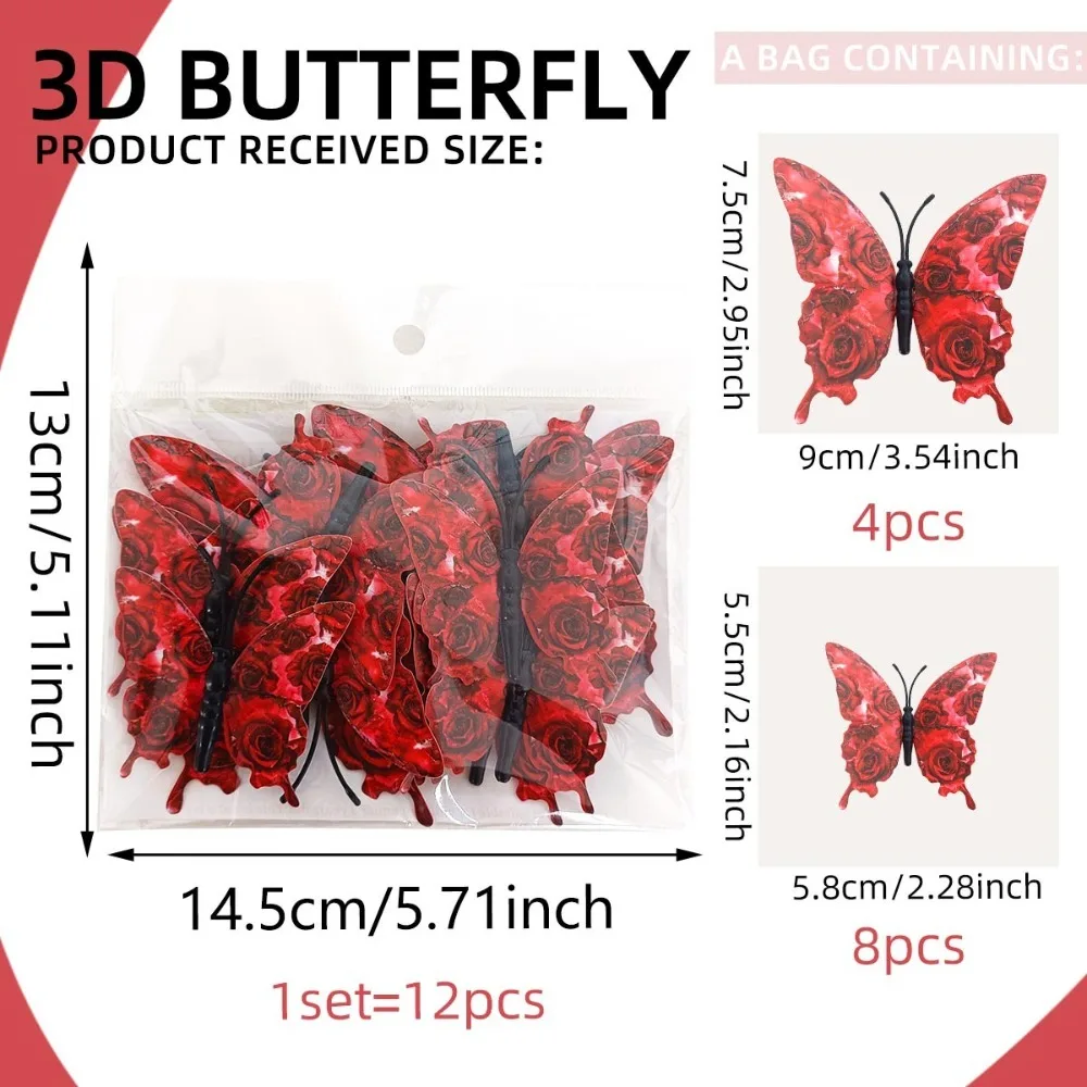 12pcs 3D Rose Butterfly Wall Stickers Self Adhesive Valentines Day Decals Butterfly Wall Art DIY Gift Double-Layer