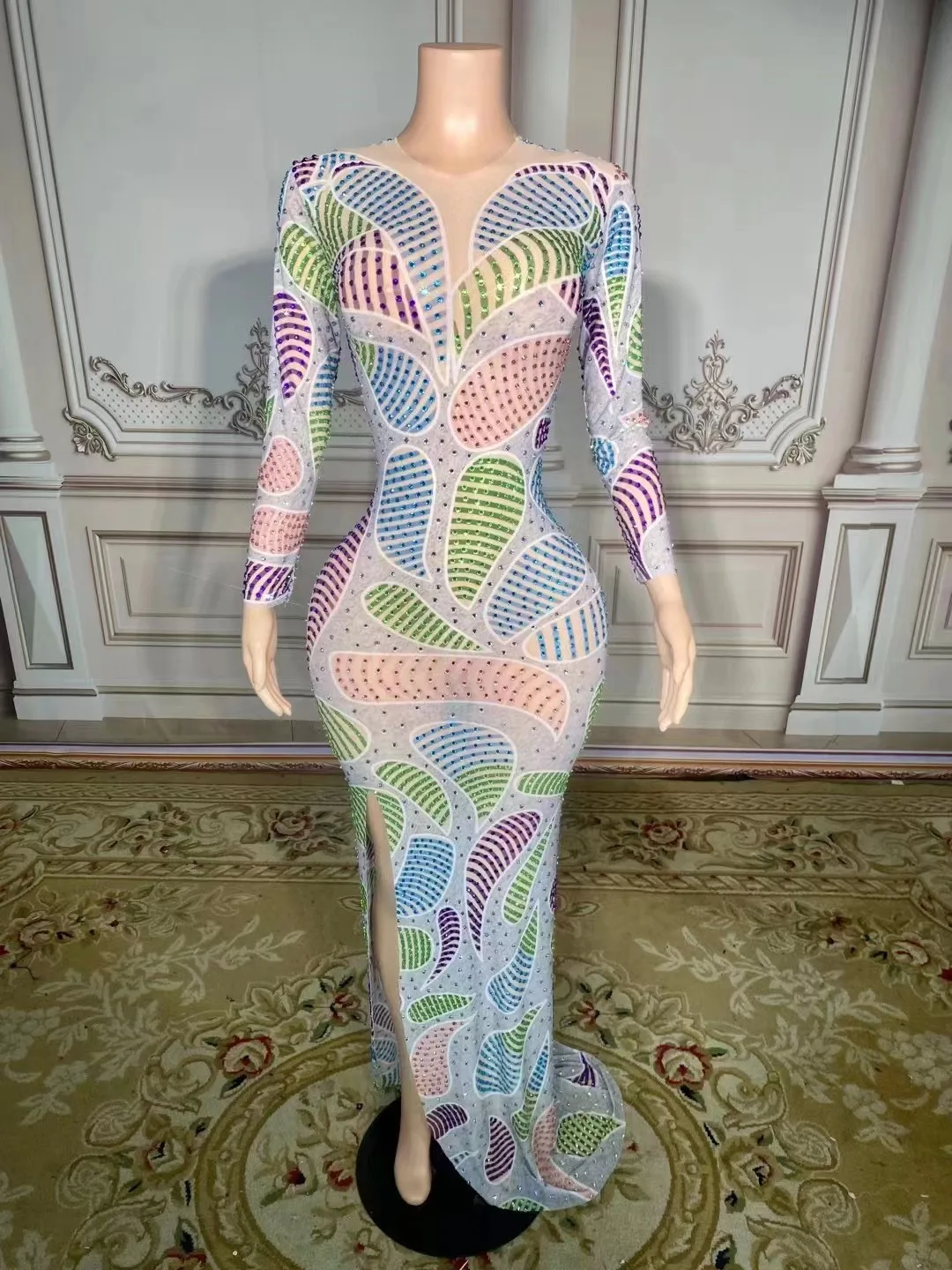 

Sexy Stage Evening Celebrate Colorful Rhinestones Long Train Dress Luxury Performance Costume Prom Party Show Dance Dress
