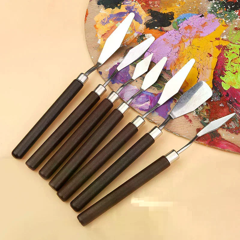 

7PCS Watercolor Mixed Art Oil Painting Scraper Set Wood Stainless Steel Gouache Paint Pigment Mixing Knife Hand Tool