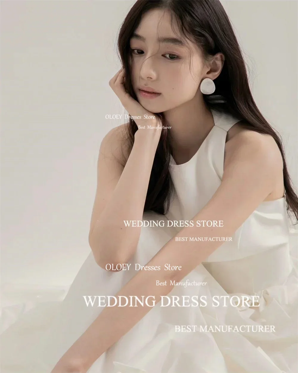 OLOEY Simple Satin Ivory Wedding Dress Korea Photoshoot Bow O-Neck Sleeveless Floor-Length Bride Dress Robe de mariage