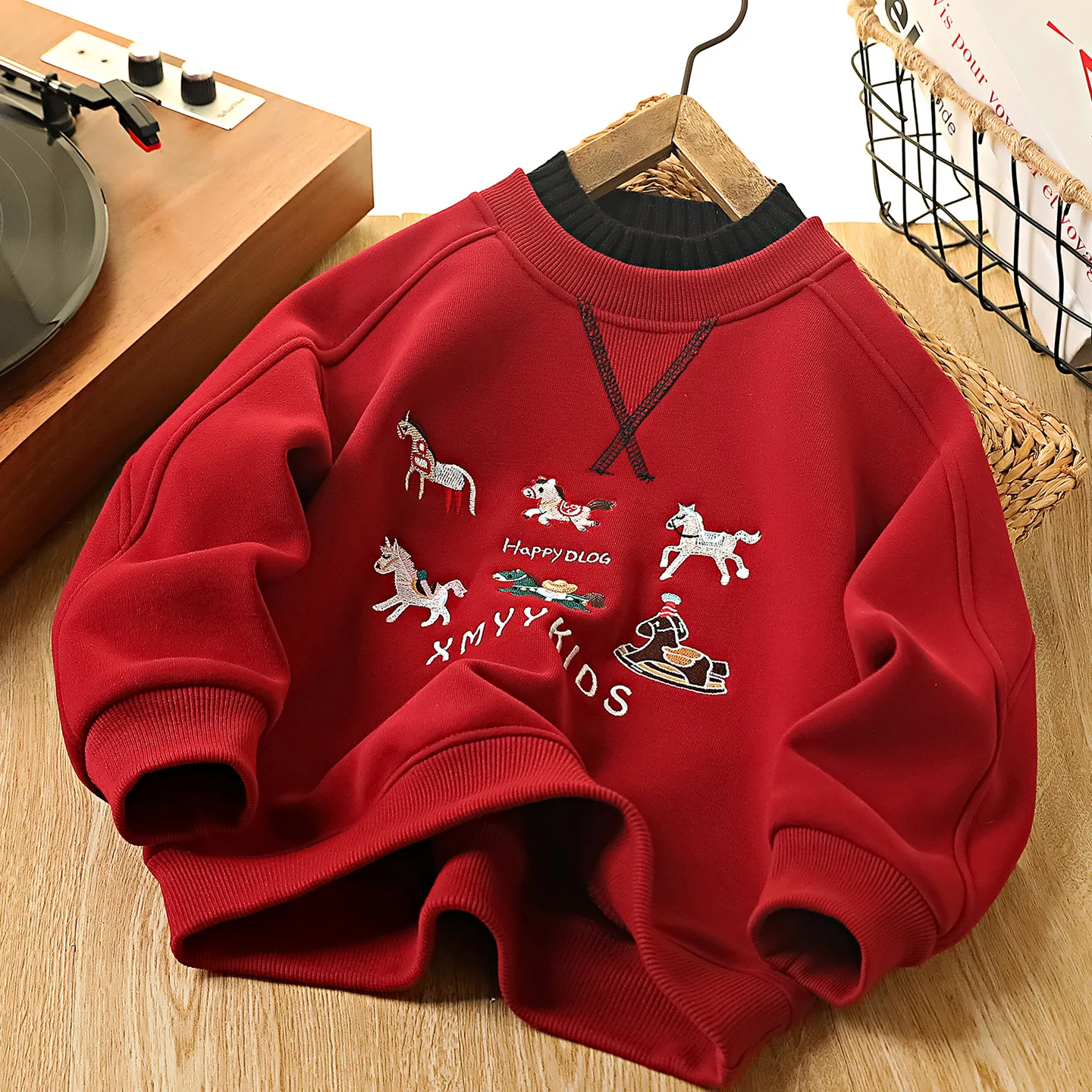 

Boys Red Fleece Lined Sweatshirt 2026 New Year Long Sleeve Thickened Round Neck Top for Festive Occasions