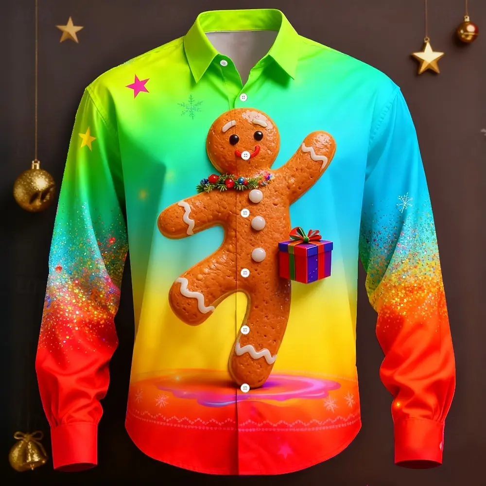 Camisa navideña divertida de Color degradado para hombre, camisa de Minions de galletas navideñas, camisa con botones, camisas divertidas de manga larga para vacaciones al aire libre
