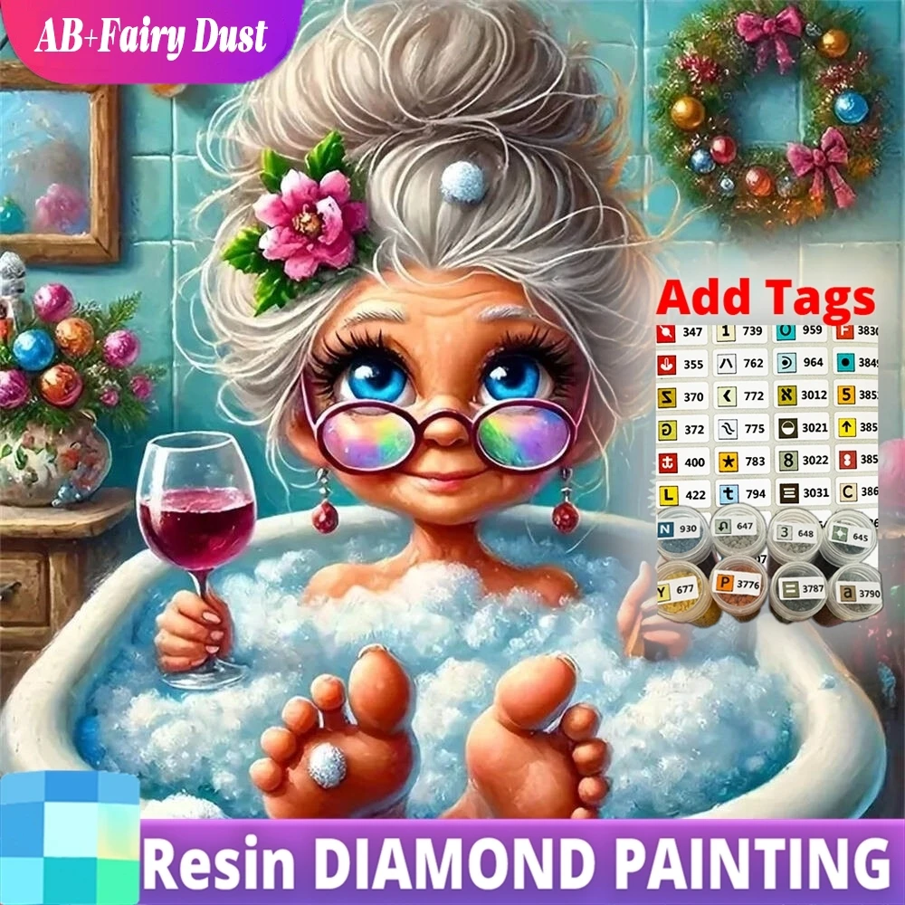 

Resin AB Fairy Dust Old Woman Diamond Mosaic Portrait Full Square Round Painting Bathroom DIY Needlework Embroidery Holiday Gift