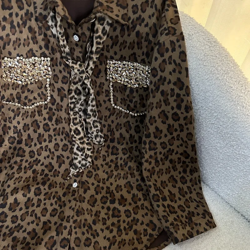 Autumn Heavy Industry New Diamond-Encrusted Leopard Print Long Sleeves Shirt Y2k Loose Casual Fashion Mid-Length Blouse Top Coat