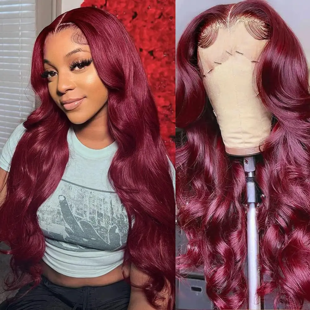 Wig gelombang tubuh 99j Burgundy 13x4 Wig renda depan warna merah HD renda Wig Frontal untuk wanita Wig tanpa lem Brasil rambut manusia