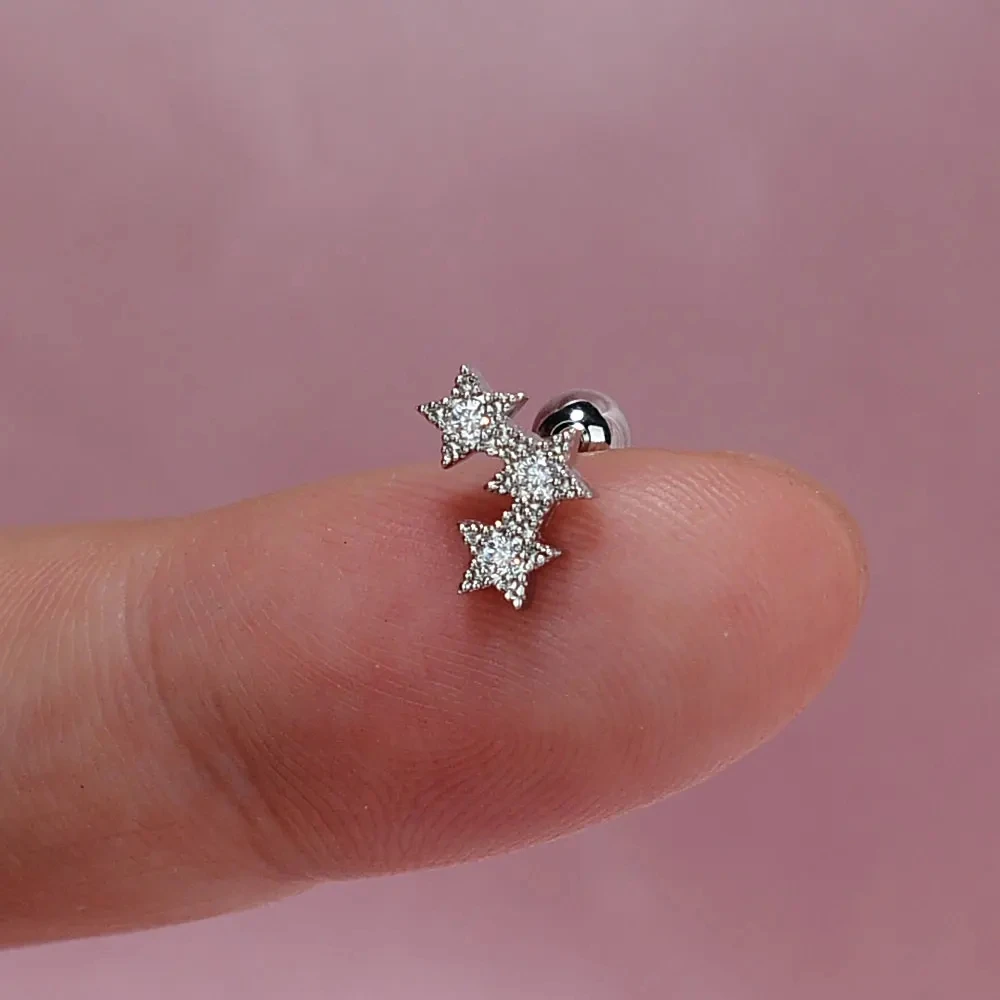 Curved CZ Cartilage Stud Moon Leaf Earring, Stainless Steel