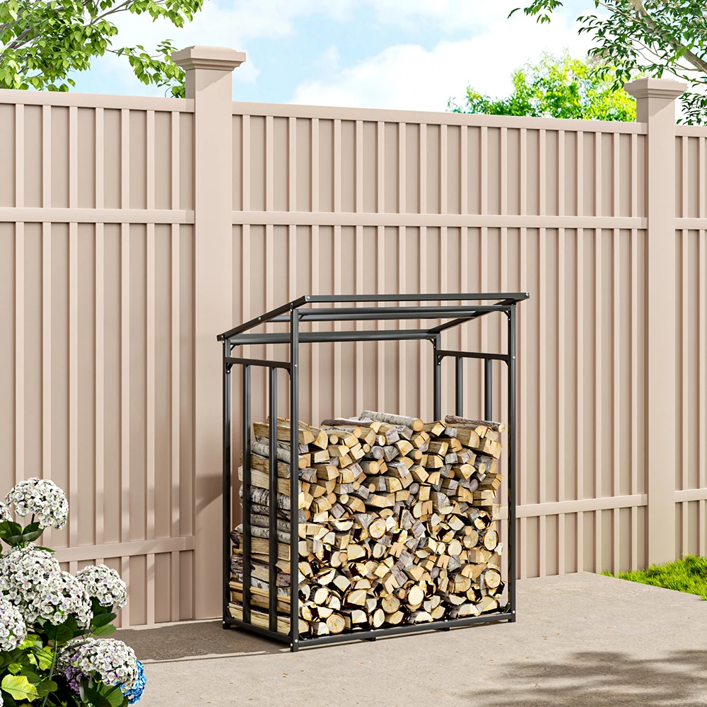 Livingandhome Grey 110cm Garden Metal Tube Firewood Rack with Roof