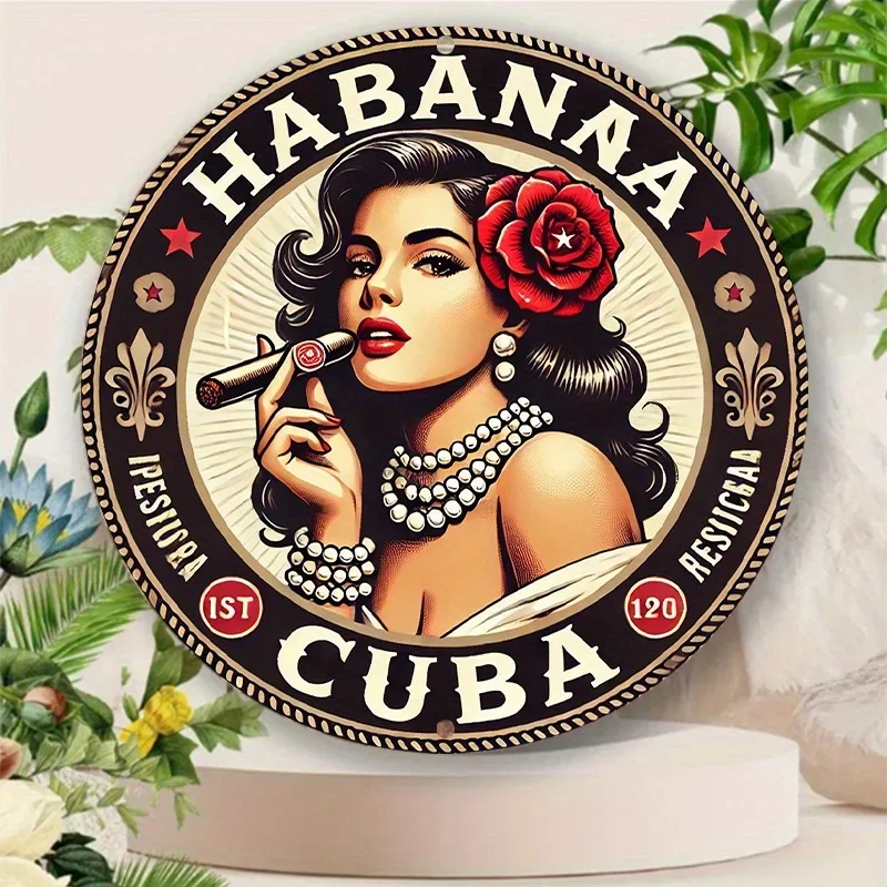لوحة فنية جدارية معدنية مستديرة عتيقة "Havana Cigar Beauty" مسطحة ثنائية الأبعاد - لافتة قصدير ألومنيوم مقاس 8 × 8 بوصة، مناسبة للمنزل والمرآب والمقاهي #1