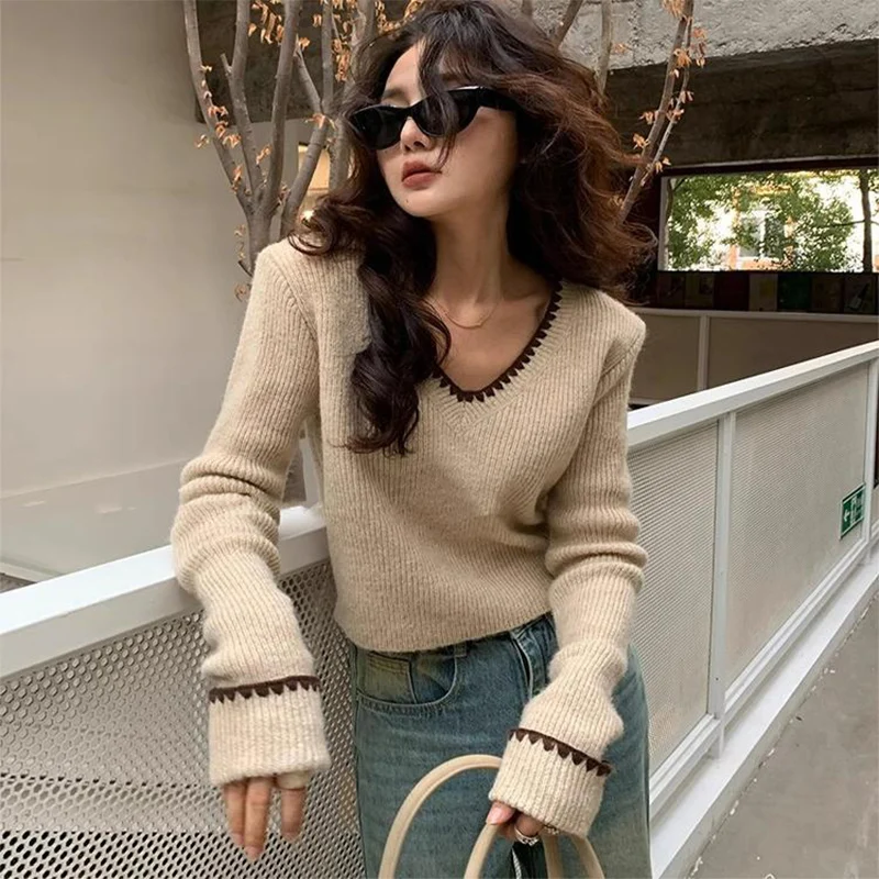 Korean Contrast Color Cropped Sweater Pullover Women Autumn V-Neck Knitted Pullovers Y2K Streetwear Long Sleeve Knitting Jumpers