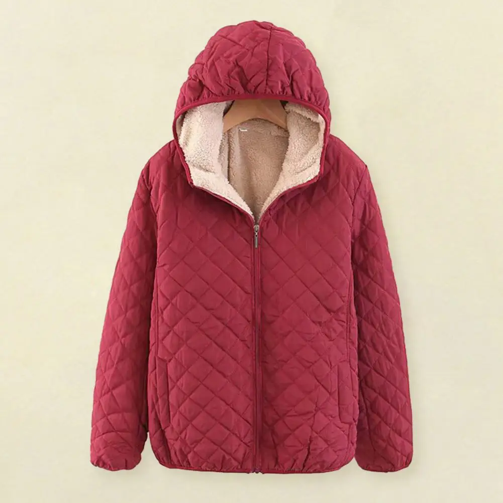 Winter Women Cotton Coat Solid Color Warm Quilted Long Sleeves Hooded Jacket Loose Fit Zipper Pocket Casual Female Outwear