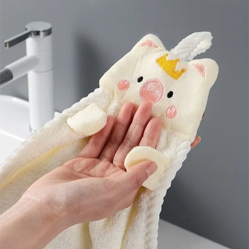 Hanging Coral Velvet Towel, Soft and Adorable Piggy Embroide Hand Towel, Bathroom,Kitchen Dishwashing Cloth, Handkerchief Cloth