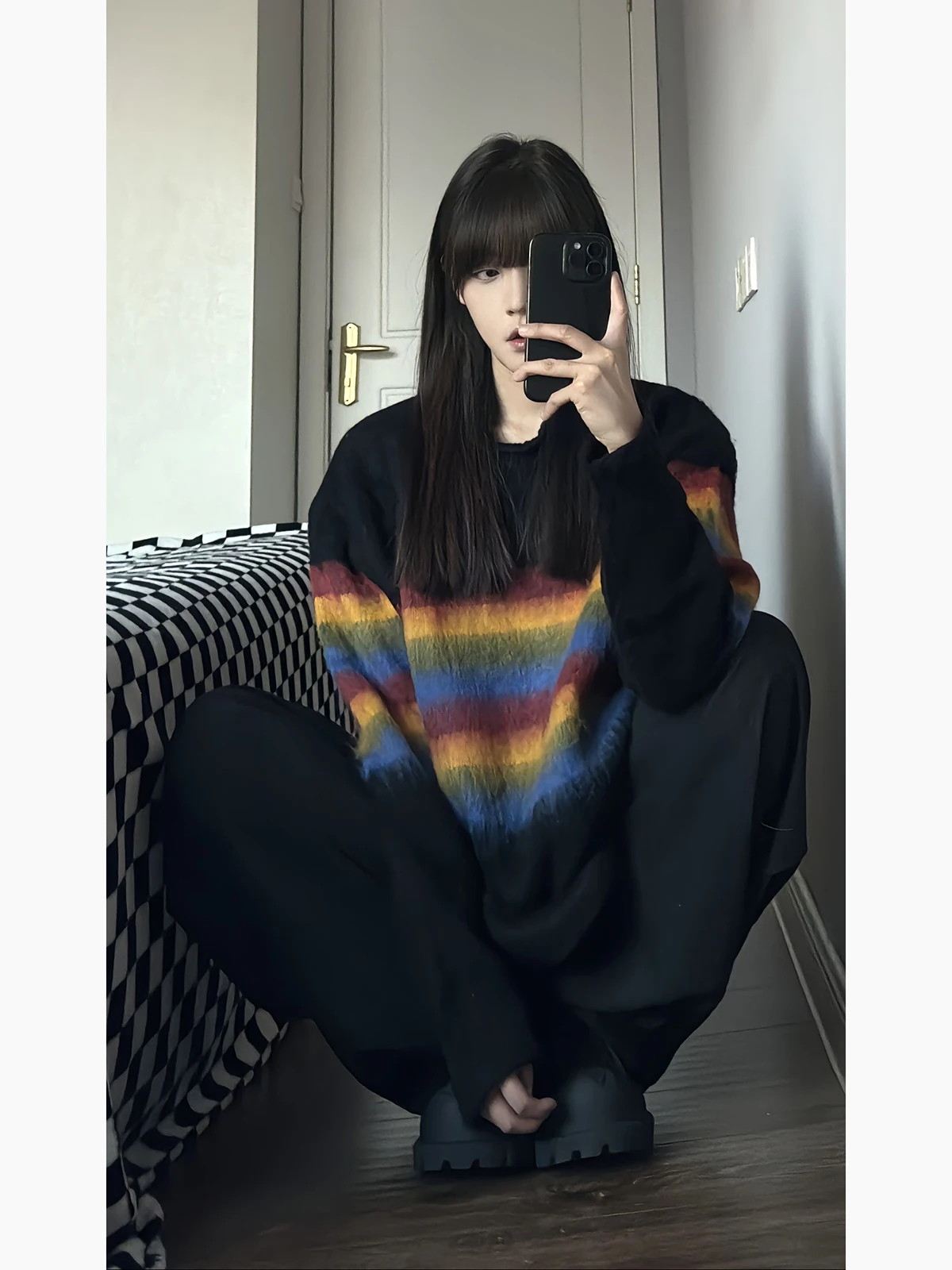 

Korean Rainbow Stripe Men's Sweater Winter High-End Vintage Lazy Sle Soft Knitted Top Trendy Loose Fit Long Sve round Ne