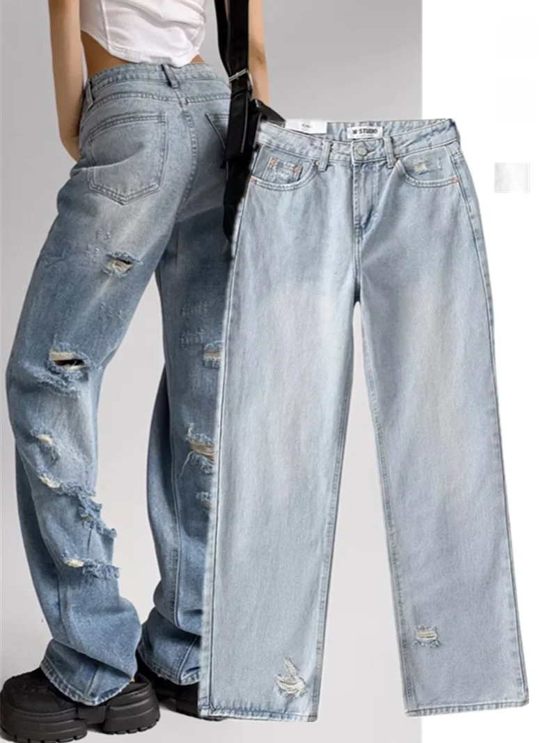 

Retro American Design Distred Straight Leg Jeans Women's Casual Faionable Long Pants l Waist Zipper Fly Denim