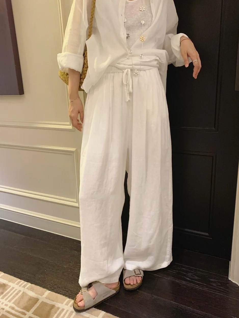 

Slimming High Waist Wide Leg Pants Women's White Elastic Waist Casual Trousers Summer Loose Fit Commute Style Fashion