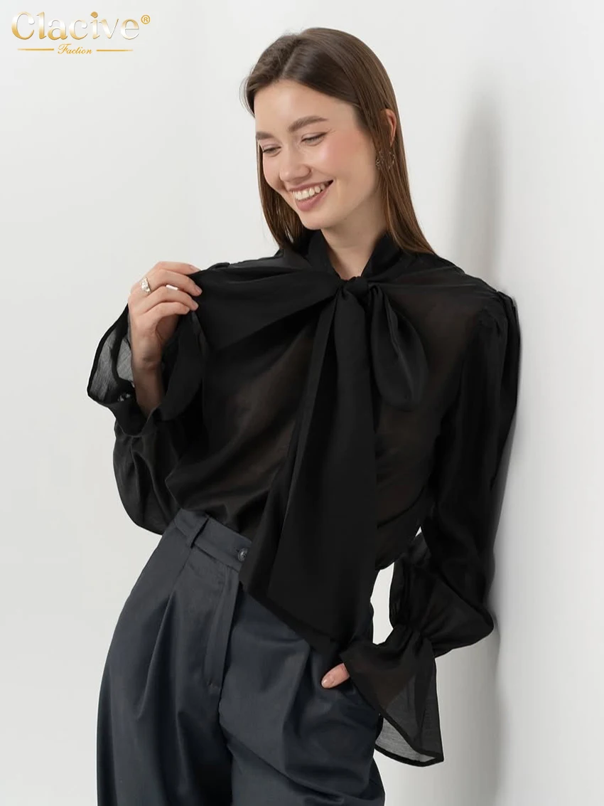 Clacive Sexy Loose White Women's Shirt 2026 Fashion Bow Collar Long Sleeve Shirts Elegant See Through Solid Top Female Clothing