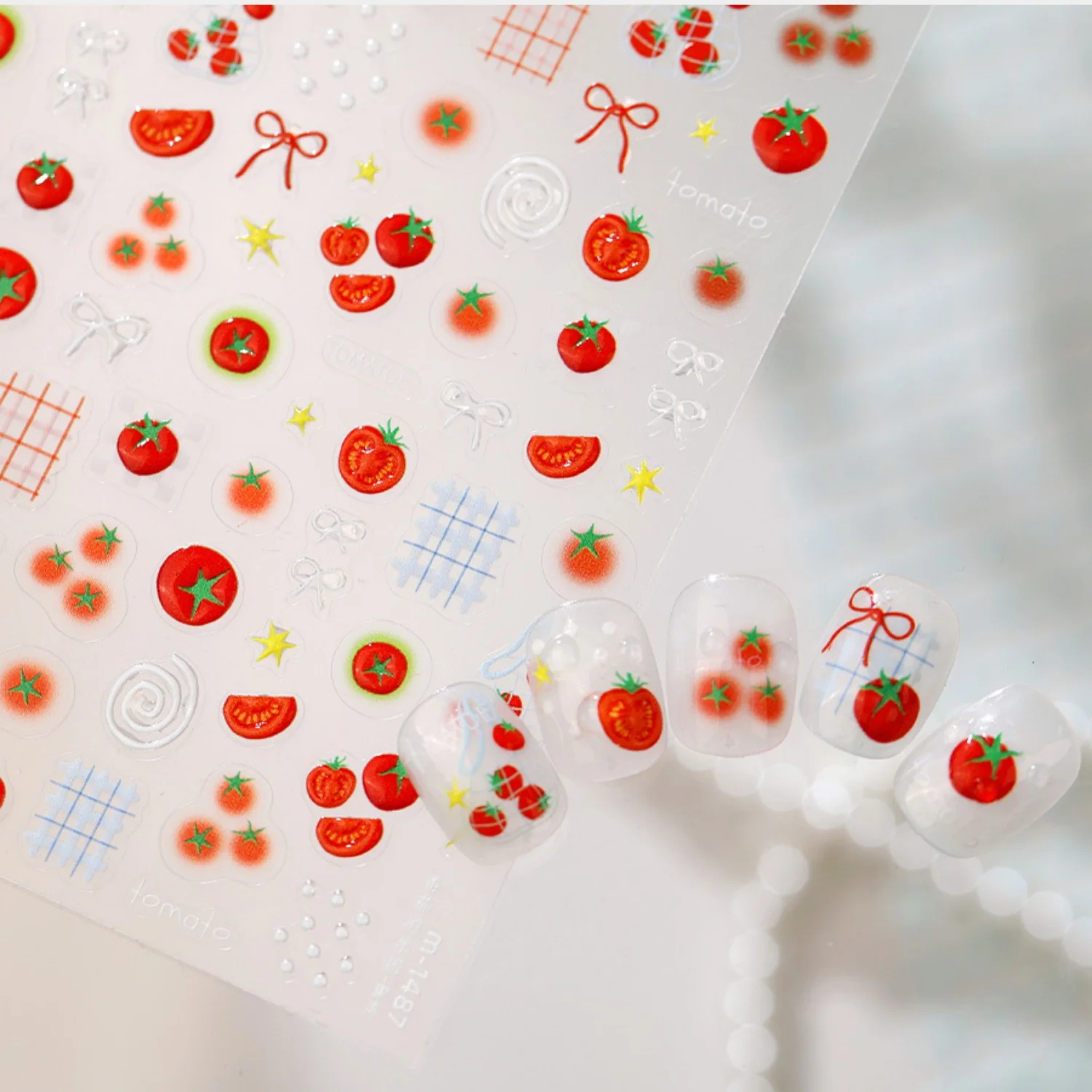 Cute Tomato Whole Sliced Tomato Checkered Block Bow Spiral Nail Decals 5D Nail Art Stickers Playful Food Theme Nail Accessories