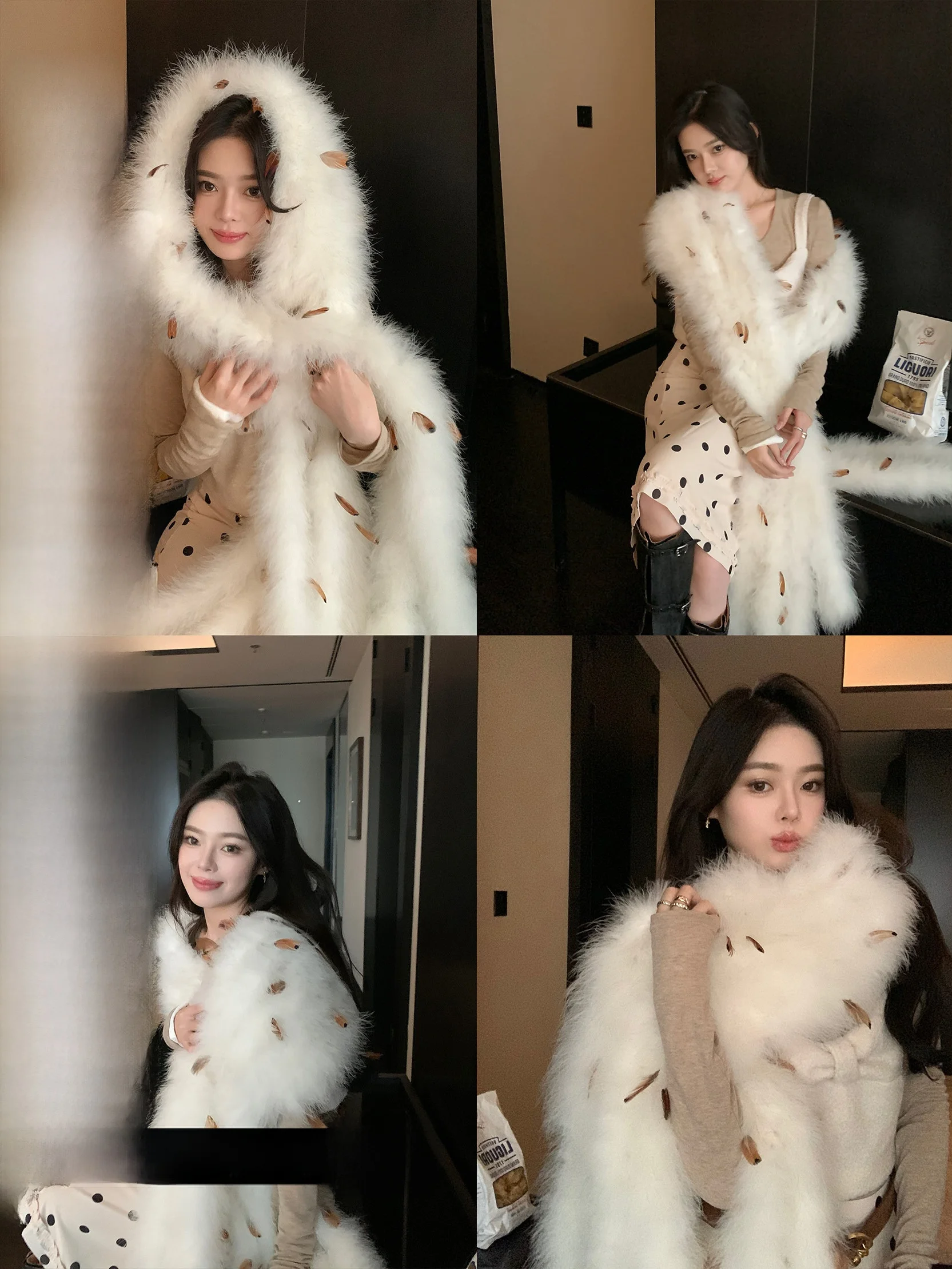 

Ele Long Tassel Scarf awl Fur Ne Warmer Turkey Feathers Super Long Flowing Tassel Design for Young Women in Winter