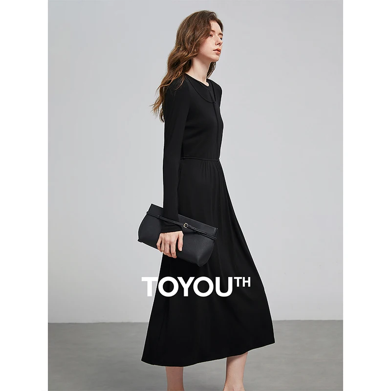 TOYOUTH Women Dress 2025 Spring New Splicing Fake Two Piece Slim Waist Long Sleeve Knee Length Black Bottom Dress