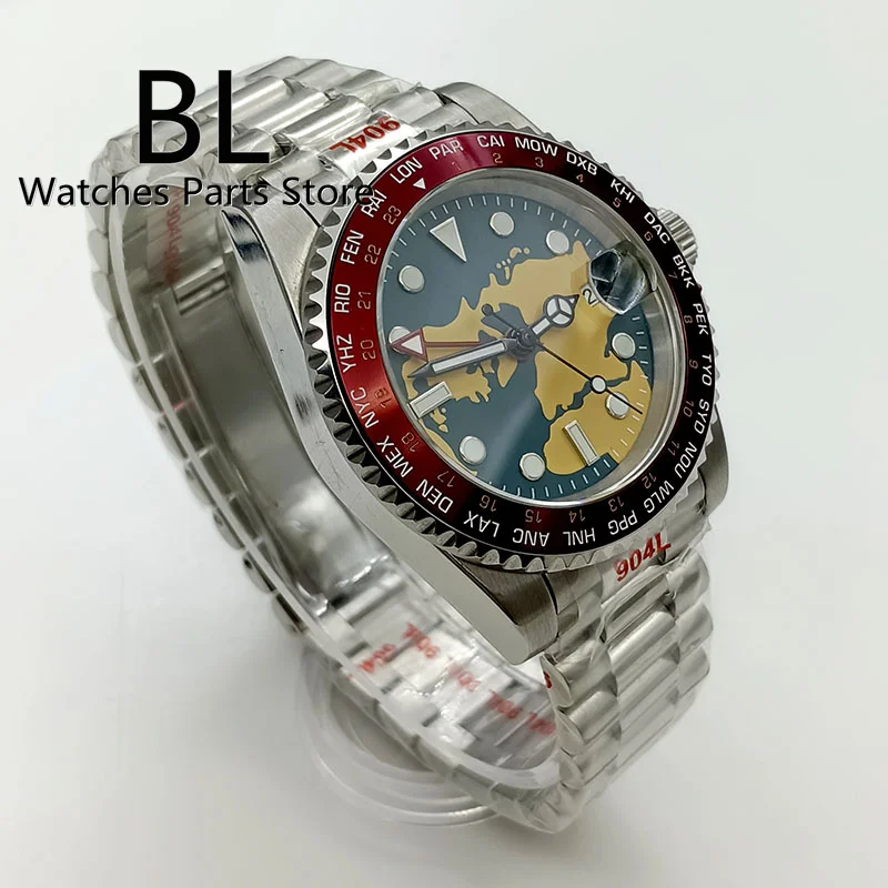 BLIGER 40mm NH34 GMT Automatic Watch For Men Red Alloy Bezel Blue Dial Super Full Luminous Sapphire Glass Steel Strap Date