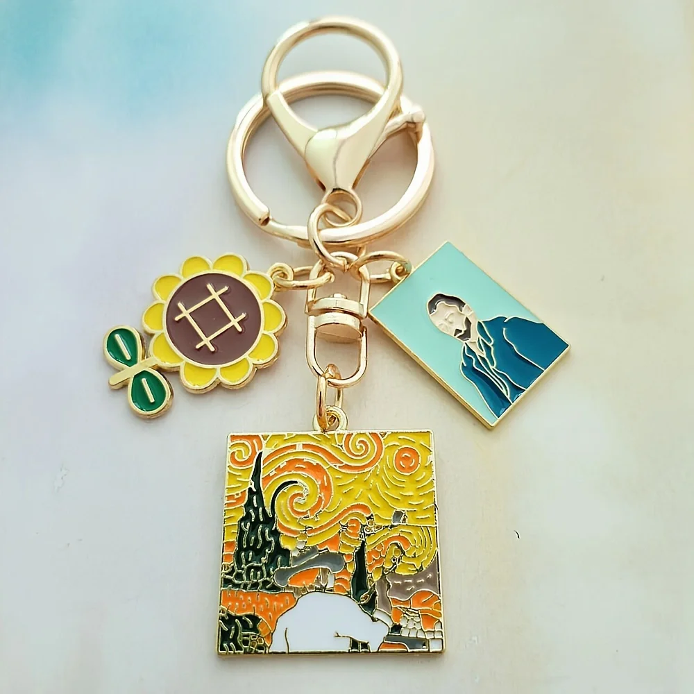 Von Gogh inspirierte Kunst-Schlüsselanhänger-Charms, Sonnenblumen- und Porträt-Emaille-Schlüsselanhänger, verschiedene Malerei-Designs, ideales Geschenk für Kunstliebhaber – Detail 7