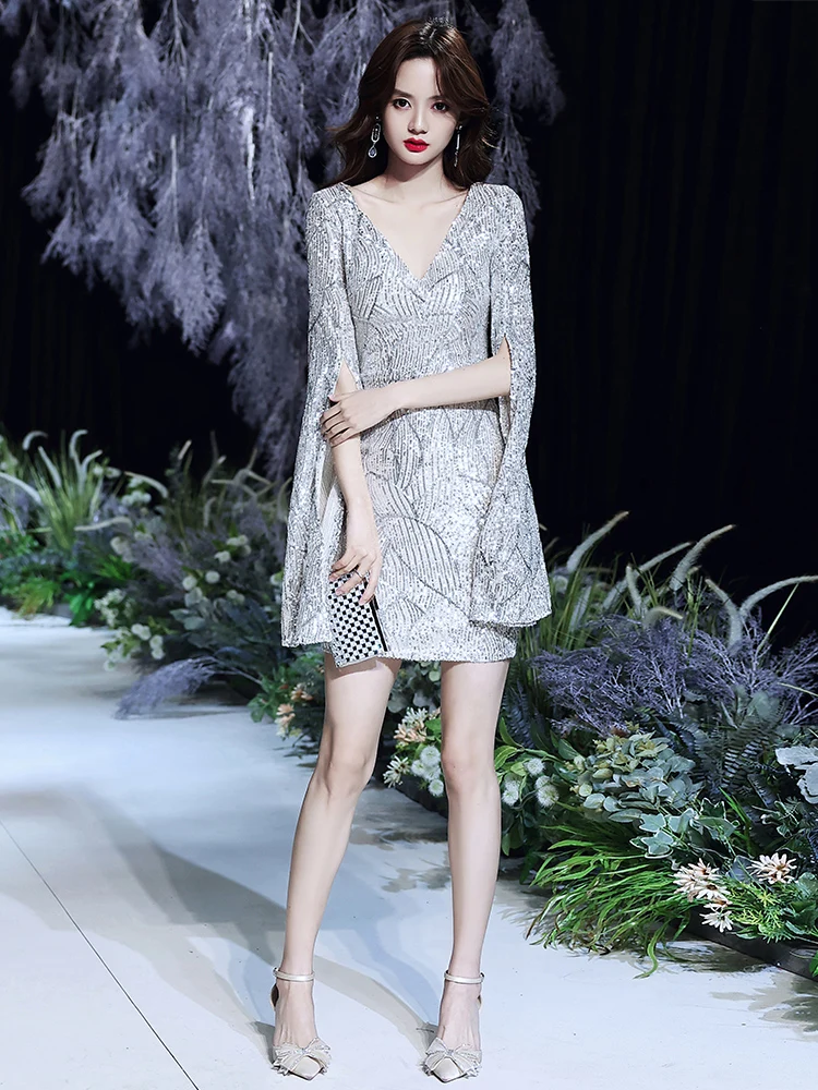 

Silver Evening Gown Women's High-End Sensation Luxury Dinner Host ort Fla Year Conference Dr Korean Sle mid Waist