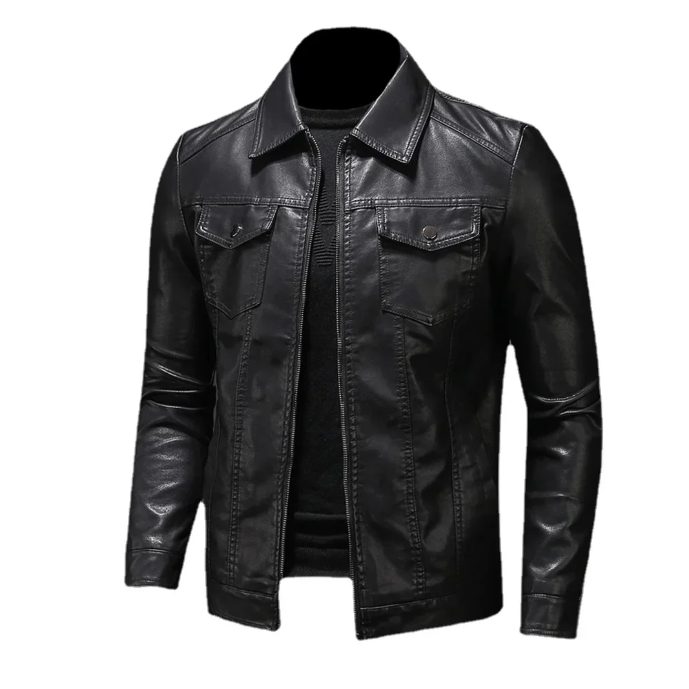 Men\'s Motorcycle Leather Jacket Large Size Pocket Black Zipper Lapel Slim Fit Male Spring Autumn High Quality PU Coat