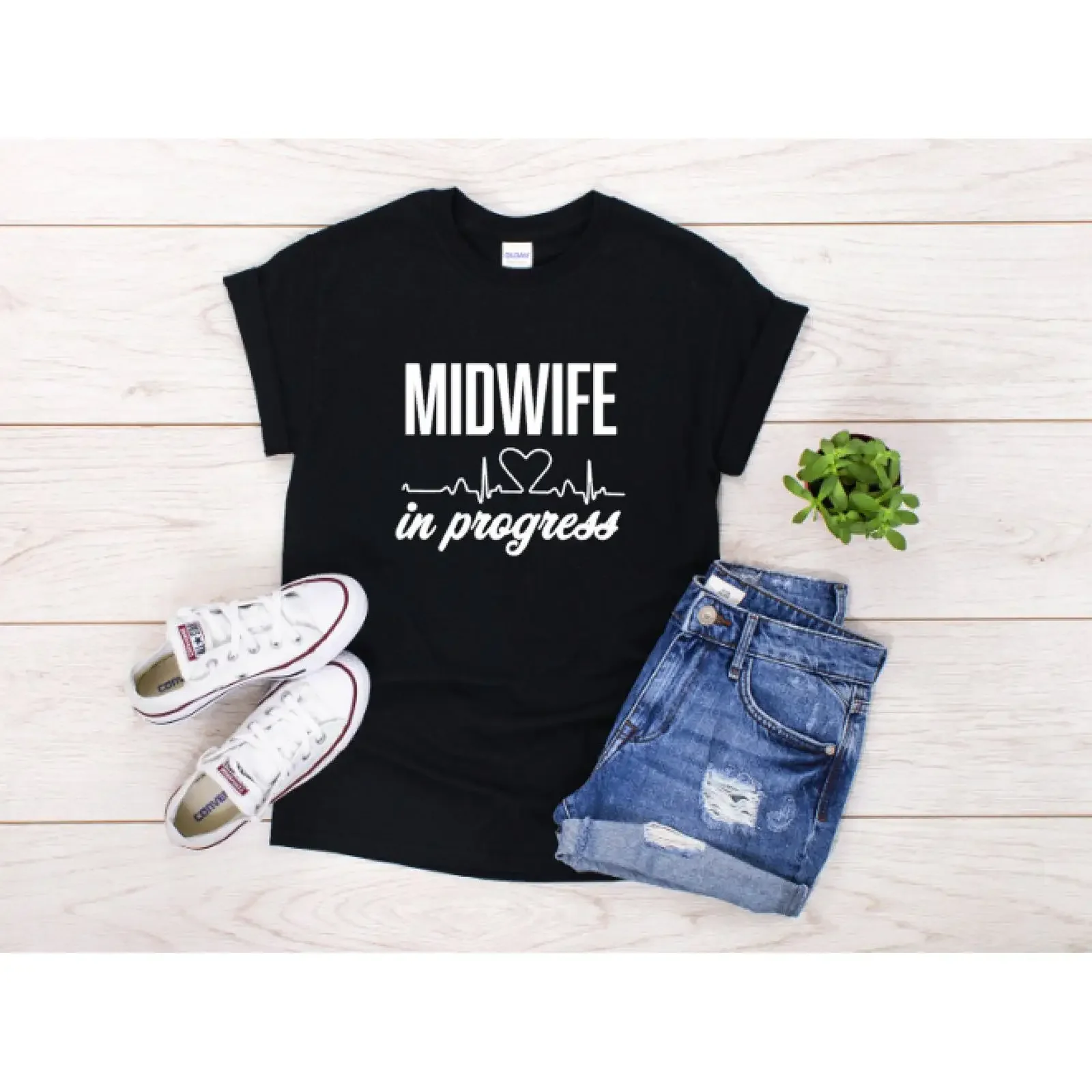 Midwife In Progress Heartbeat Print Cotton T Shirt Casual Midwifery Student Nurse  vintage Washed designer clothes streetwear