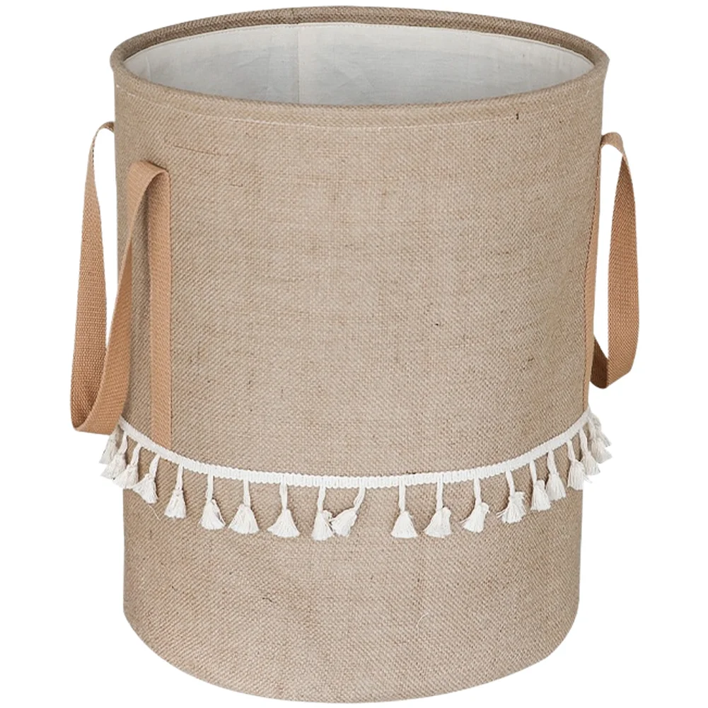 Yellow Foldable Laundry Container Constructed from For jute Cotton Linen Natural Fibers Reinforced Handles Tassel