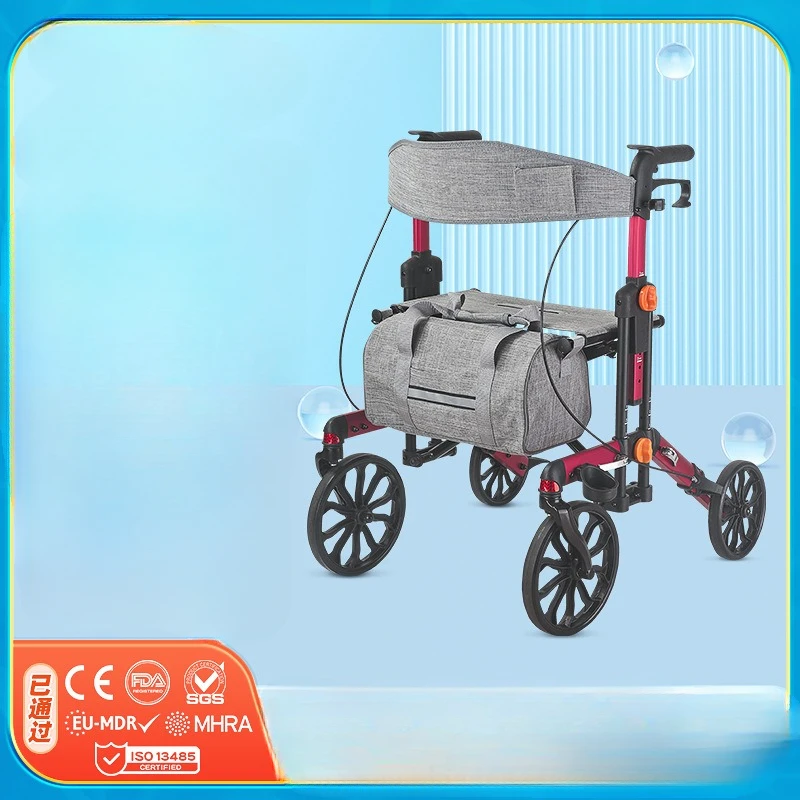 Four wheeled dedicated handcart, portable elderly household foldable and seatable shopping cart, walking aid cart