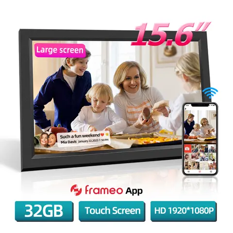 Porta-retratos digital WIFI de 15,6 polegadas, tela sensível ao toque de alta definição IPS 1920 x 1080 Porta-retratos inteligente LAN sem fio de 32 GB