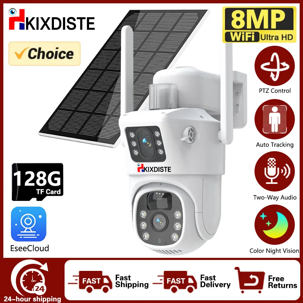 

8MP 8X Zoom Solar Panel Mult Ptz Camera Wifi Outdoor CCTV Camara Auto Tracking Eseecloud Security Protection Built in Battery 4k