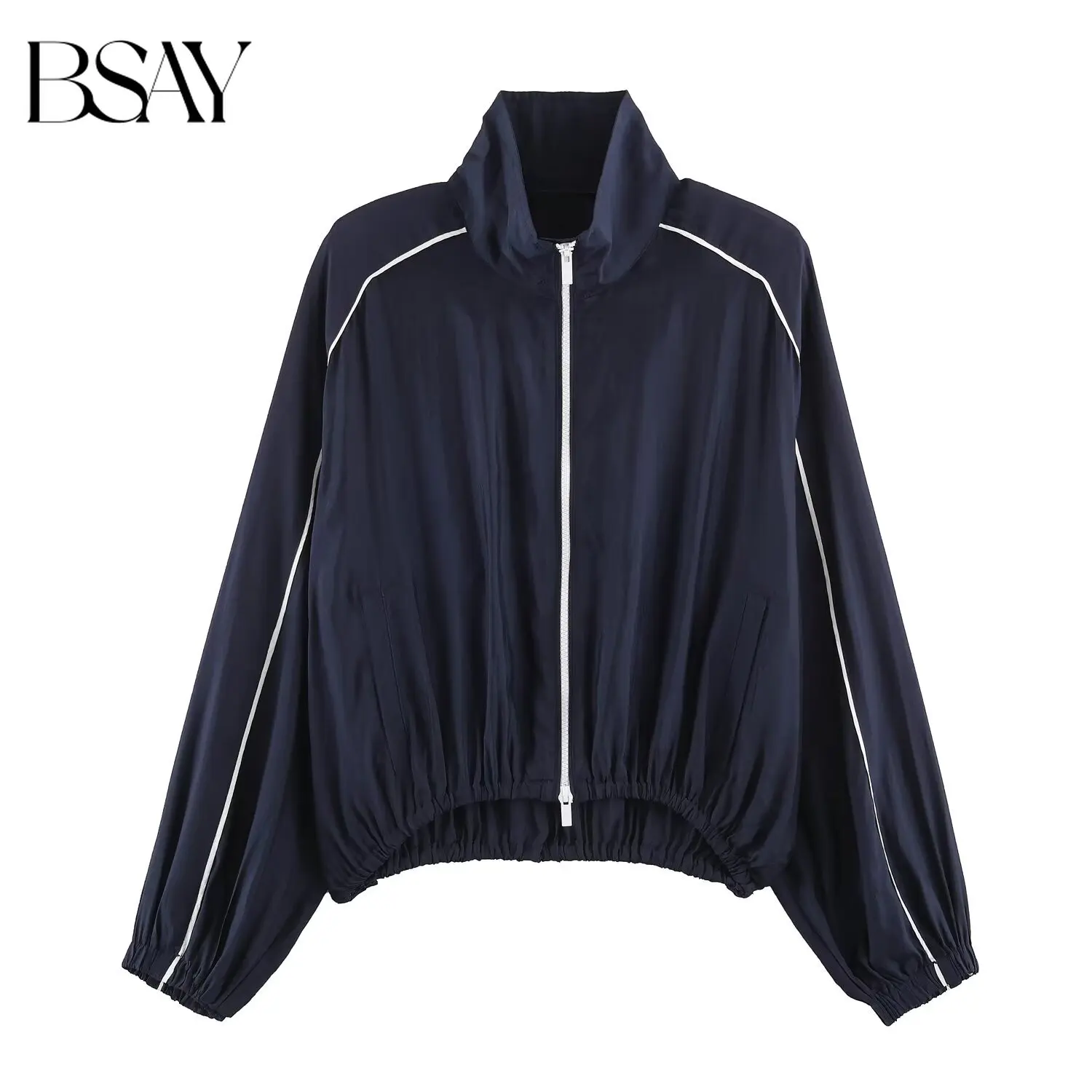 BSAY New Minimalist Versatile Navy Women Zip Up Cropped Wind Jacket Stand Neck Contrast Piping Elastic Hem Loose Sport Outerwear