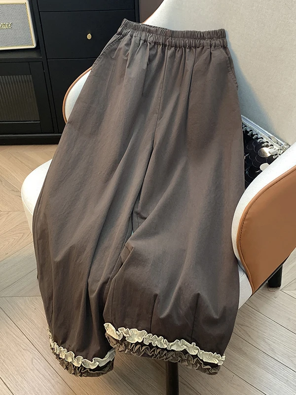 레트로 일본 스타일 하이웨이스트 와이드 레그 팬츠 여성 여름 다용도 루즈핏 캐주얼 스플라이싱 나인 포인트 스트레이트 컷 바지