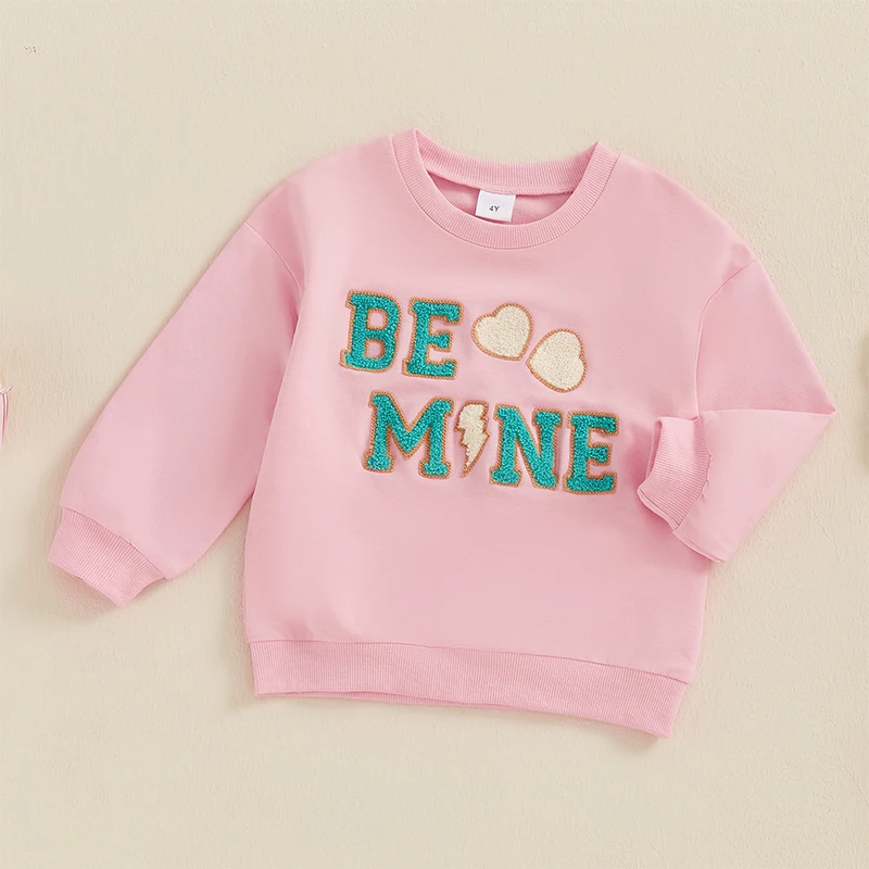 4-6Years Kids Girls Sweatshirts for Valentine's Day Fall Spring Casual Long Sleeve Round Neck Letter Heart Embroidery Pullovers