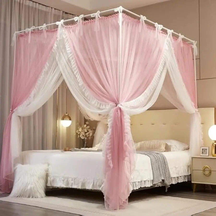 

4 Corners Post Princess Curtain Bed Canopy Lace Up Double Layer 4 Opening Mosquito Net Mesh for Girls Bedroom Decoration(Pink/Wh