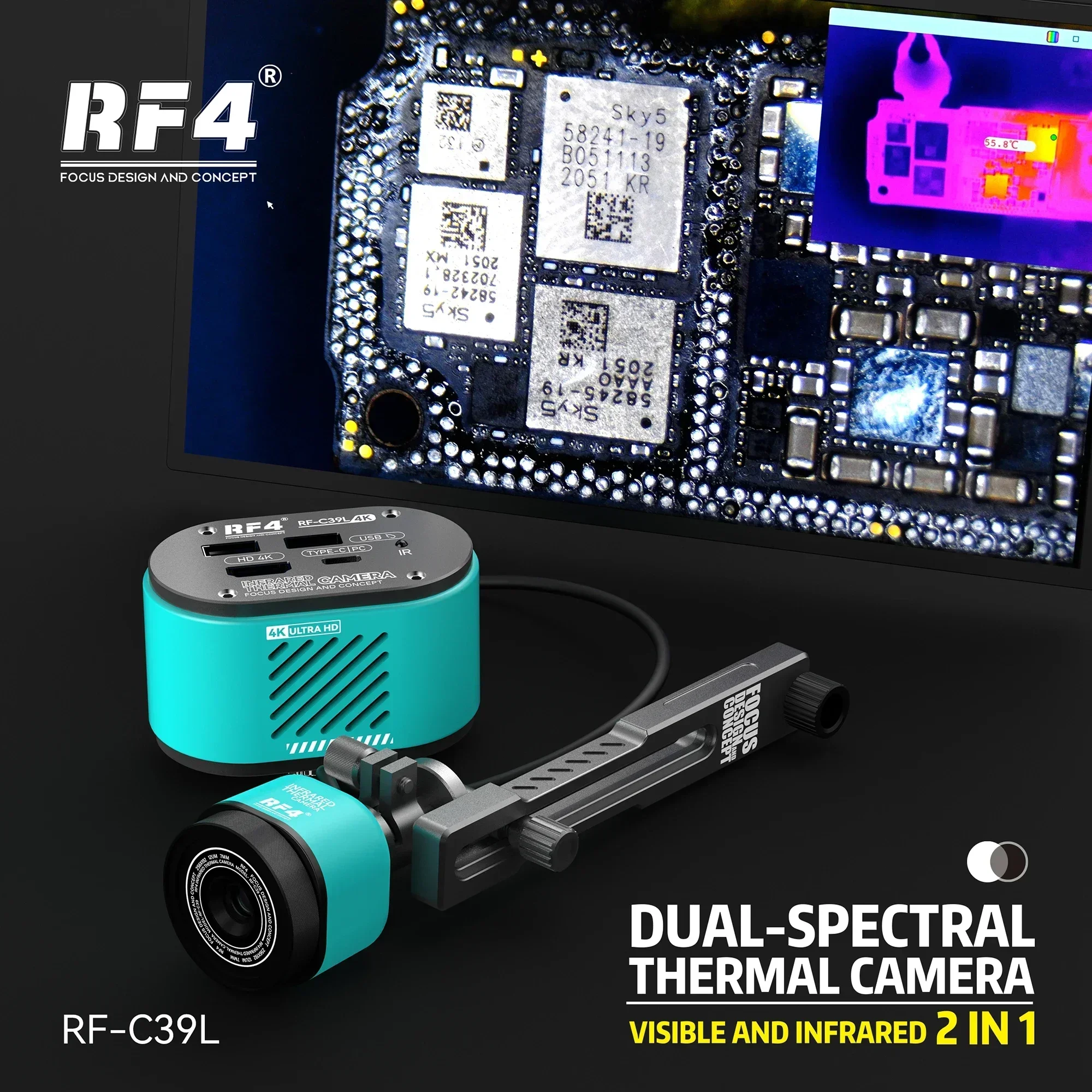 كاميرا تصوير حراري بحامل ثابت للوحة مجهر ، أدوات تحليل إصلاح PCB ، RF4 ، مع الطيف المزدوج ، 4K