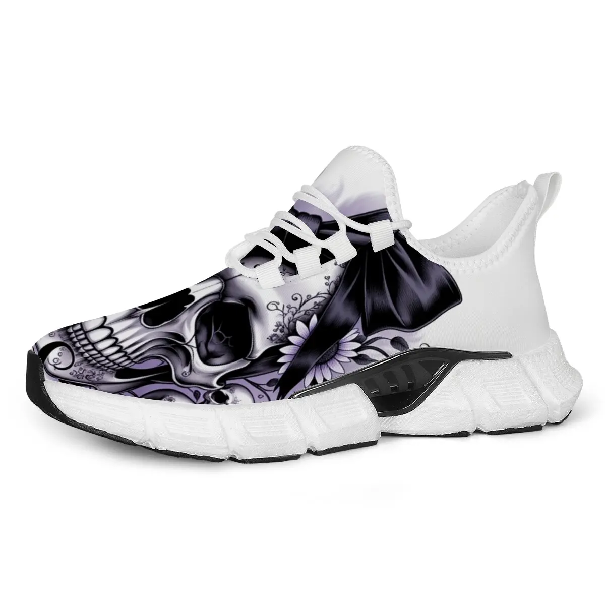 Weiße Laufschuhe mit lila Totenkopf-Blumenschleife-Design, Designer-Sneaker, atmungsaktive Tennisschuhe für Herren, rutschfeste neue Sportschuhe