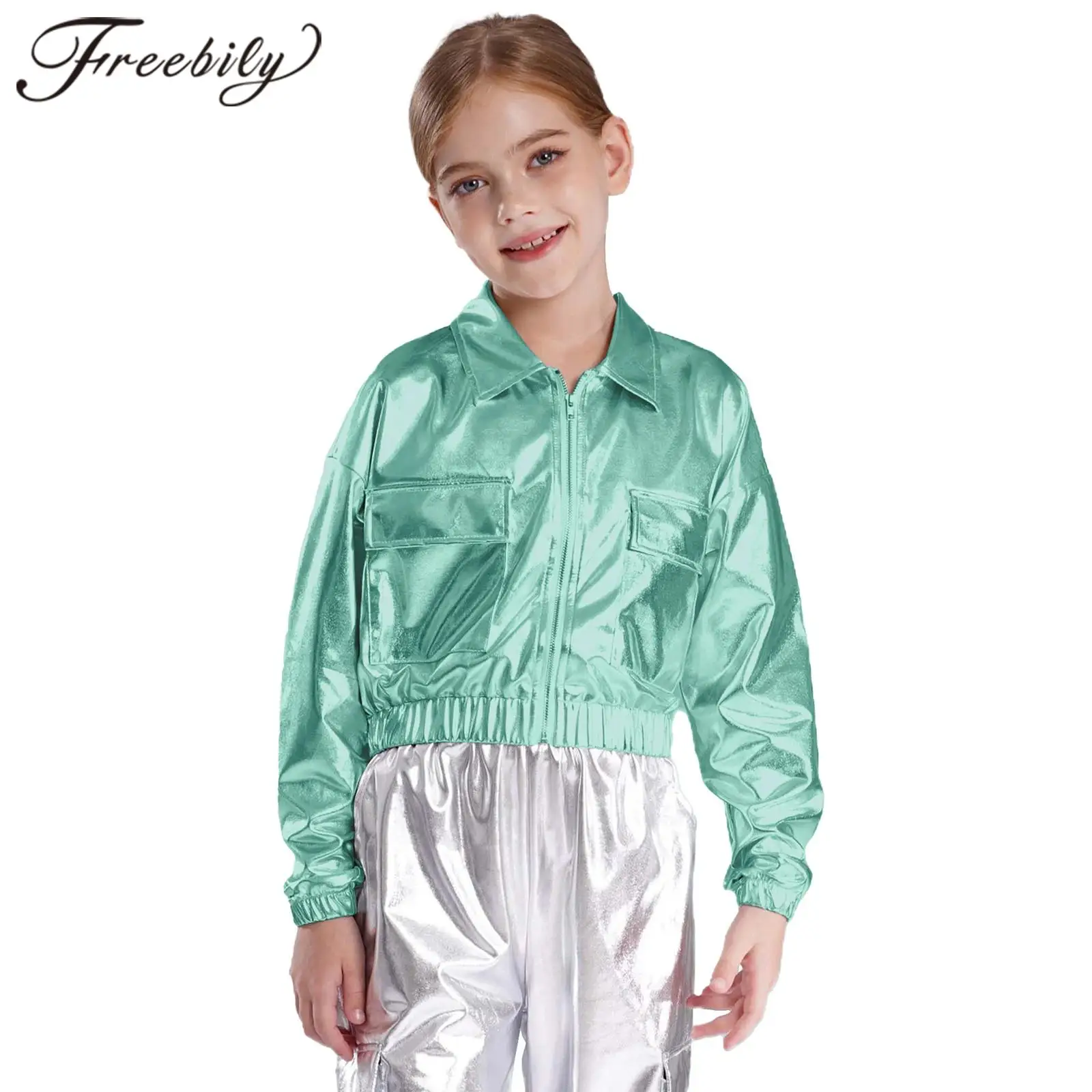 

Fashion Children's Coats Kids Boys Girls Shiny Jacket Stage Dancewear Metallic Long Sleeve Outerwear Hip-Hop Jazz Dance Costume