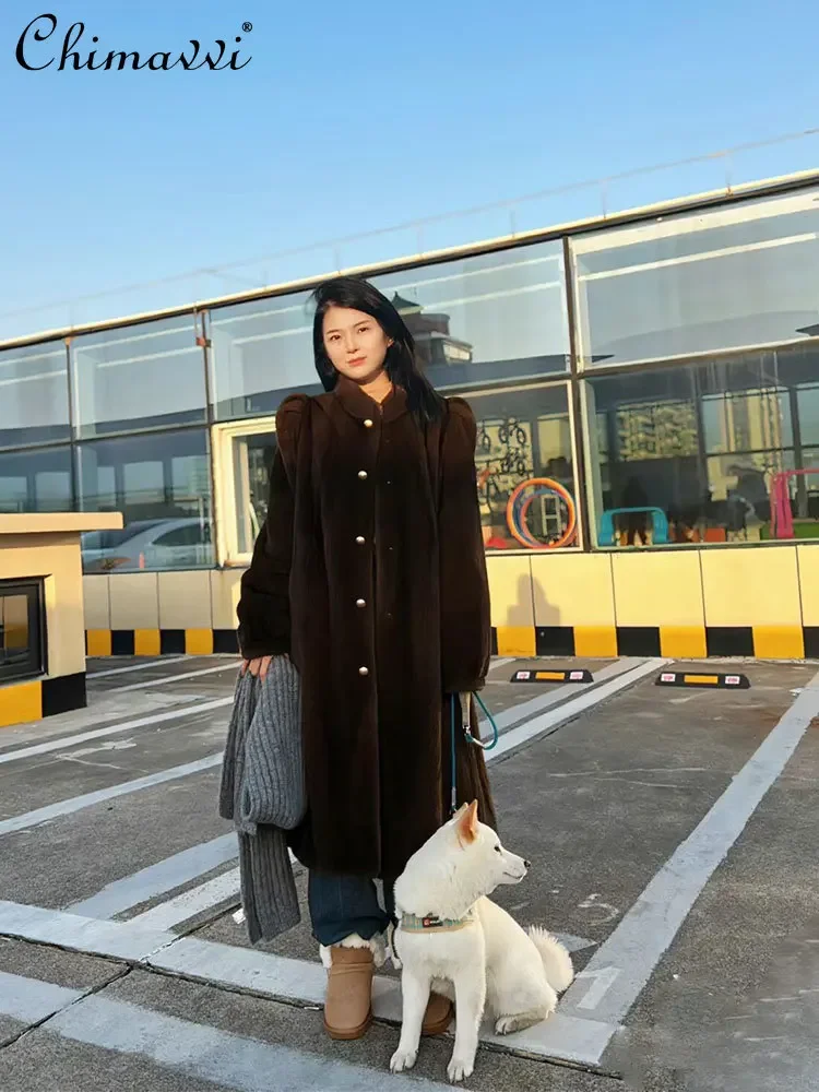 

High-end Mink Velvet Stand-up Collar Long Fur Coat for Women Winter Fashion Thickened Warm Long-sleeved Loose Elegant Jackets