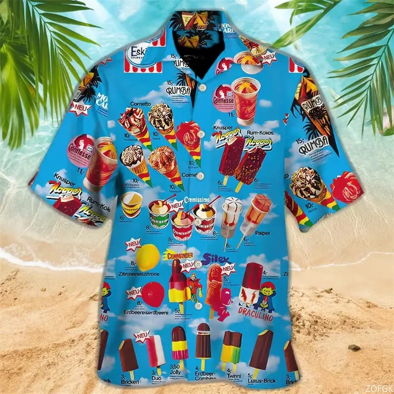 Summer Ice-cream Men's Holiday Lapel Camisa Oversized Hawaiian Shirts 3d Print Fashion Men Women Beach Short Sleeve Blouse Tops