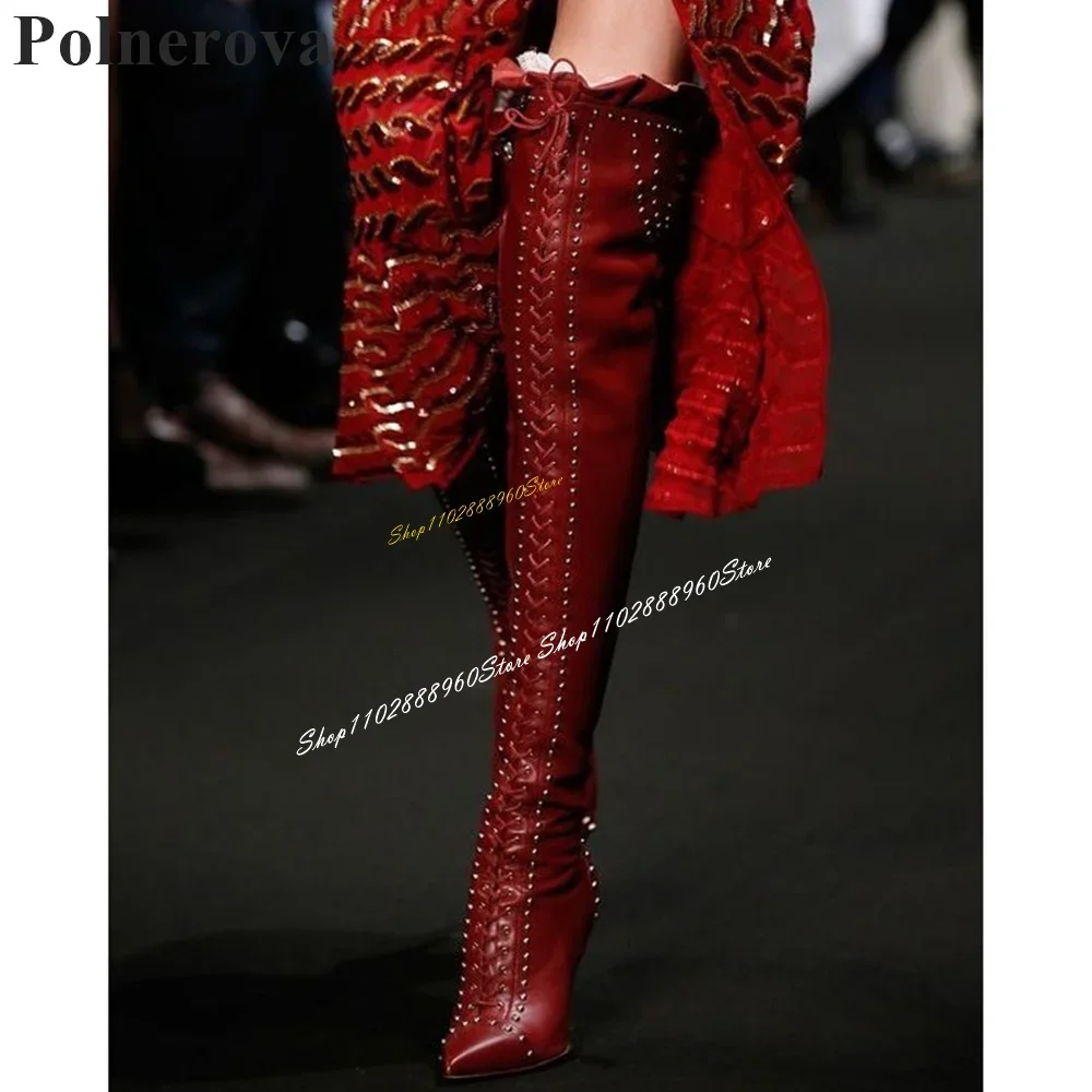 

Knee High Red Rivet Ruffles Stylish Boots Thin High Heel Women Shoes Side Zipper Pointed Toe 2025 Fashion Zapatos Para Mujere