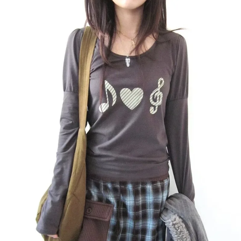 Korean Style Girl Y2k Tops Music Note Love Print Casual Pullover Slim Long Sleeved Shirts for Women Daily Spring Women Clothing