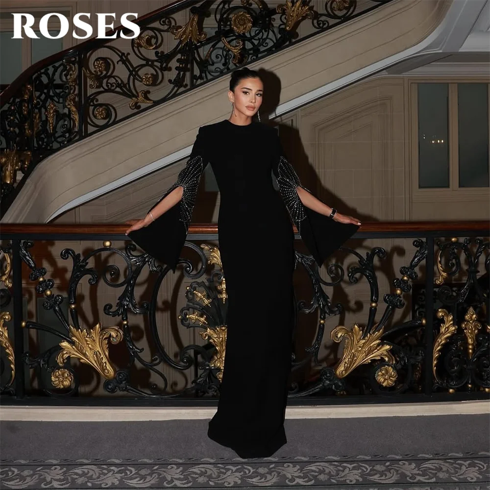 

ROSES Black Stain Elegant Evening Dress O Neck Formal Gown with Beaded Night Dresses Mermaid Long Sleeve Prom Dresses Customized
