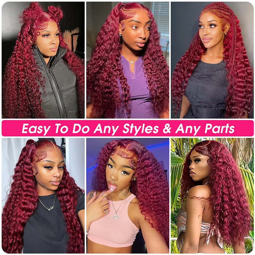 13x4 Deep Wave Lace Front Wigs Burgundy Wig Human Hair 99j Burgundy 30 Inch Human Hair Pre Plucked HD Transparent Lace Frontal Wigs for Black Women Wine Red Colored Wig 99J Burgundy Lace Front Wigs St image 6