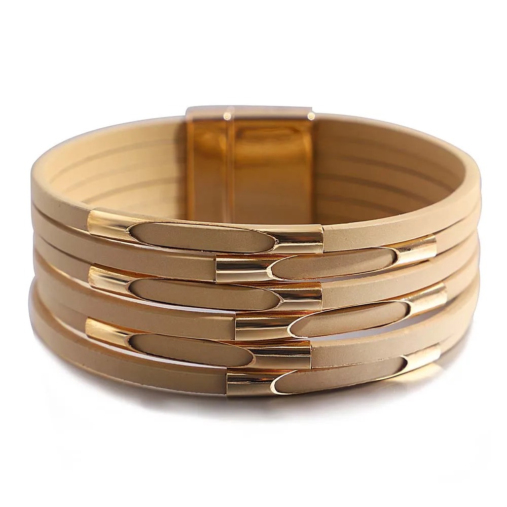 ALLYES New Trendy Hollow Metal Tube Wrap Bracelet Charm Multilayer Wide Leather Bracelets & Bangles Men Female Jewelry Gifts