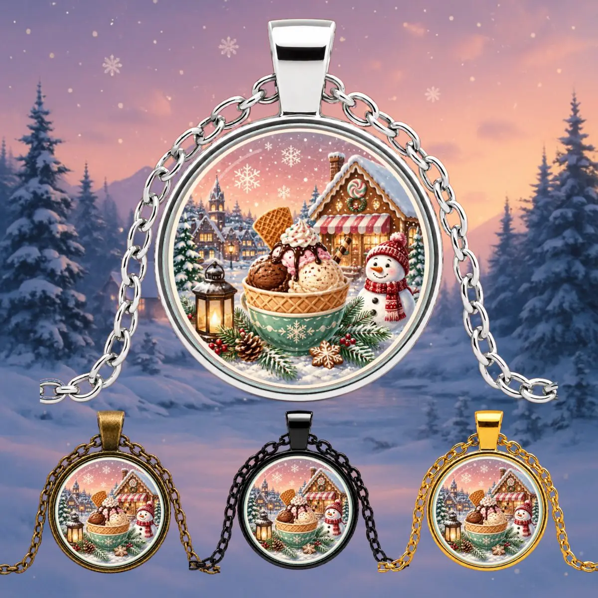 1PC Zinc Alloy Pendant Necklace Winter Dessert Scene Round With Snowy Village, Gingerbread House, Ice Cream Bowl And Snowman Artwork, Festive Gift Jewelry, Also Available As Key