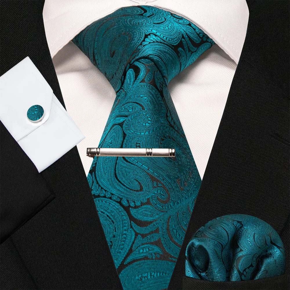 8cm Seidenkrawatten für Herren, grün-schwarze Krawatten, kariert, gestreift, Krawatten-Set mit Einstecktuch, Manschettenknöpfen und Krawattenklammern, für Hochzeit, Business, Party. – Detail 8