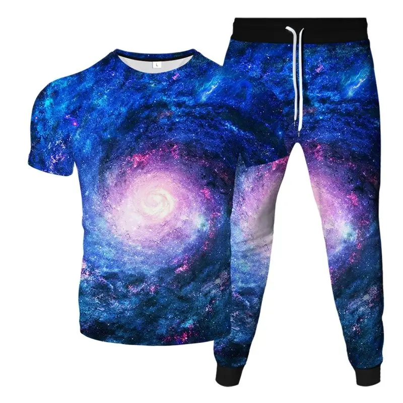 Harajuku Galaxy Moon Tree Animal Bird Beautiful Scenery Printing Men Casual Clothes T-Shirt Pants 2Pcs Set Tracksuit Size S-6XL