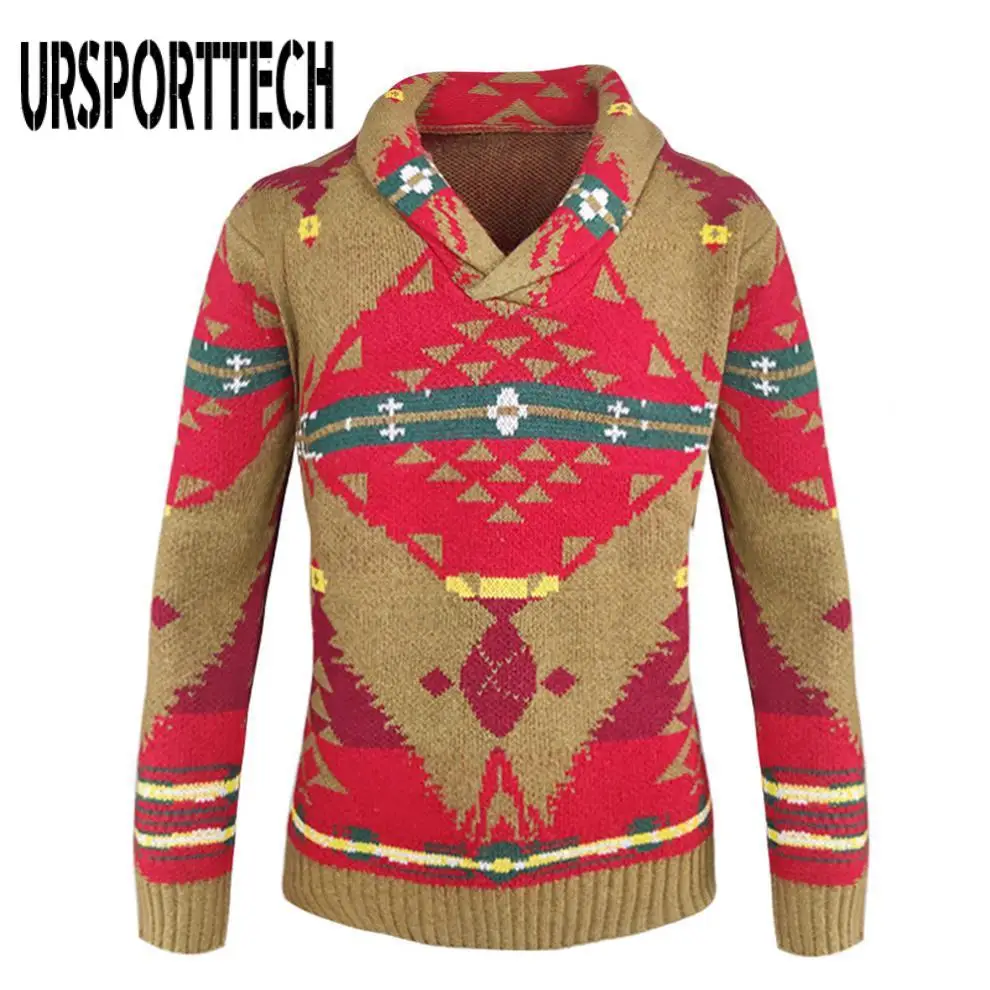 

Christmas Sweater for Men Autumn Polo Collar Long Sleeved Knitwear New Year Xmas Sweater Printed Pullover Sweater Oversized