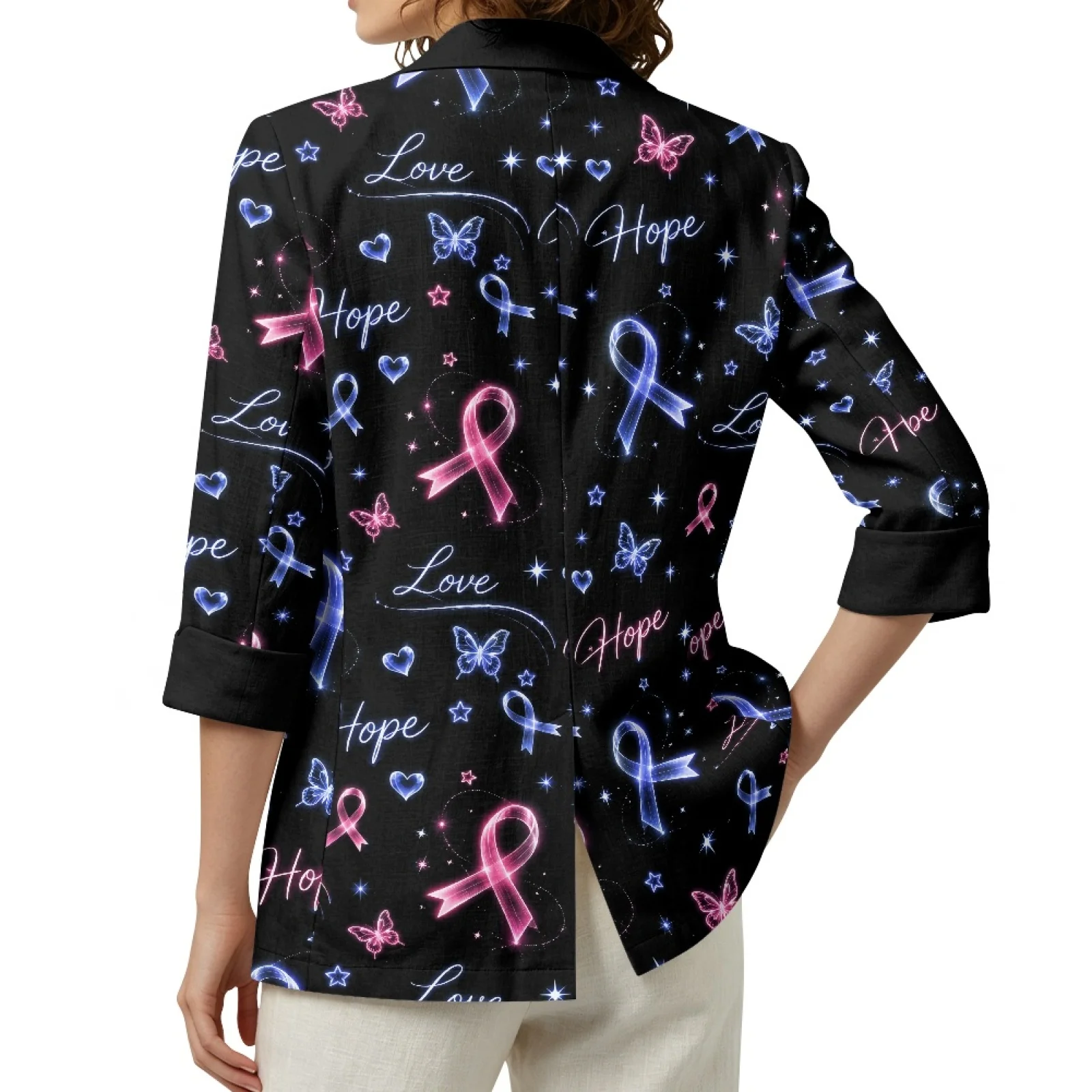 PENSTROLL Awareness Ribbon Butterfly Print Open Front Outerwear for Womens Linen Like Open Front Cardigan Cardigan Jackets